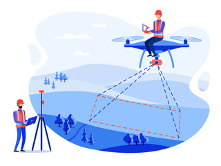 Concept cadastral engineers, surveyors and cartographers make geodetic measurements using a drone, copter. Vector flat illustration.
