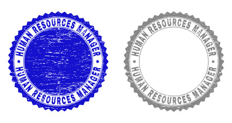 Grunge HUMAN RESOURCES MANAGER stamp seals isolated on a white background. Rosette seals with grunge texture in blue and grey colors.