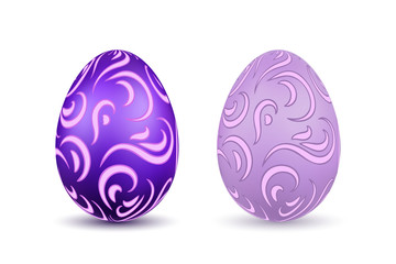 Easter egg 3D icons. Ornate color eggs set, isolated white background. Swirl realistic design, decoration Happy Easter celebration. Holiday ornamental element. Spring pattern. Vector illustration