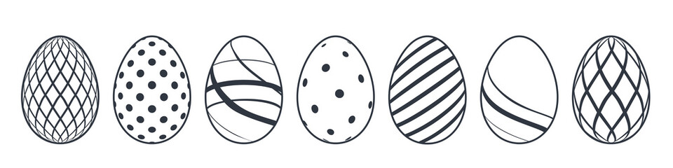 Easter egg icons. Black eggs set, isolated white background. Simple design, decoration Happy Easter. Holiday decorative elements collection. Cute pattern ornament. Spring symbol. Vector illustration