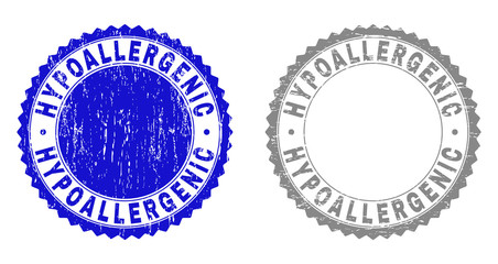 Grunge HYPOALLERGENIC stamp seals isolated on a white background. Rosette seals with grunge texture in blue and grey colors. Vector rubber stamp imprint of HYPOALLERGENIC text inside round rosette.