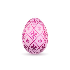 Easter egg 3D icon. Color egg, isolated white background. Flower fleur de lis design, decoration for Happy Easter celebration. Royal lily element. Holiday pattern. Spring symbol. Vector illustration