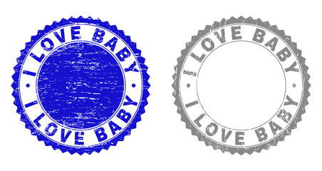 Grunge I LOVE BABY stamp seals isolated on a white background. Rosette seals with grunge texture in blue and gray colors. Vector rubber stamp imprint of I LOVE BABY tag inside round rosette.