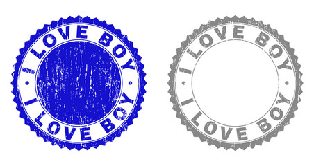 Grunge I LOVE BOY stamp seals isolated on a white background. Rosette seals with grunge texture in blue and grey colors. Vector rubber watermark of I LOVE BOY title inside round rosette.
