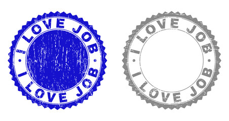 Grunge I LOVE JOB stamp seals isolated on a white background. Rosette seals with grunge texture in blue and gray colors. Vector rubber watermark of I LOVE JOB caption inside round rosette.