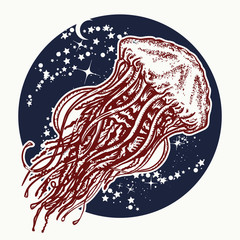 Jellyfish floats in deep space. Universe art. Two color tattoo. Symbol of wandering, deep sea, travel, meditation