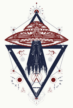 UFO. Aliens kidnap human. Tattoo two color. T-shirt design. Mystical symbol paranormal phenomena, first contact