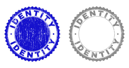 Grunge IDENTITY stamp seals isolated on a white background. Rosette seals with grunge texture in blue and gray colors. Vector rubber stamp imitation of IDENTITY text inside round rosette.