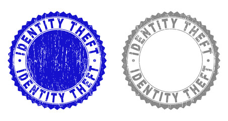 Grunge IDENTITY THEFT stamp seals isolated on a white background. Rosette seals with distress texture in blue and grey colors. Vector rubber stamp imprint of IDENTITY THEFT label inside round rosette.