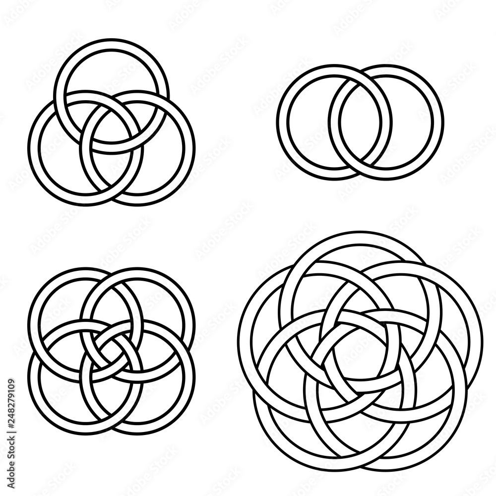 Aufkleber set patterns intertwined rings, vector logo tattoo plexus circles, pattern of intertwined circles