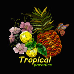 Embroidery lemons, pineapples and flowers lotus. Tropical slogan. Summer fruit art. Fashion template for clothes, textiles and t-shirt design