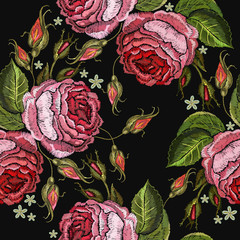 Beautiful buds of pink roses classical embroidery on black background. Template for clothes, textiles, t-shirt design