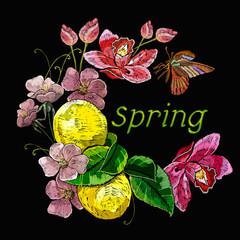 Embroidery lemons, butterfly and flowers. Spring slogan. Summer art. Fashion template for clothes, textiles and t-shirt design