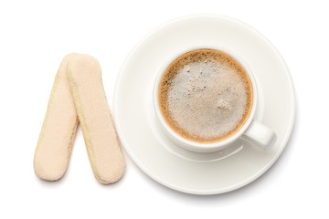 White ceramic cup of coffee with a savoiardi ladyfinger cookie on a plate