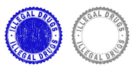 Grunge ILLEGAL DRUGS stamp seals isolated on a white background. Rosette seals with grunge texture in blue and grey colors. Vector rubber overlay of ILLEGAL DRUGS tag inside round rosette.