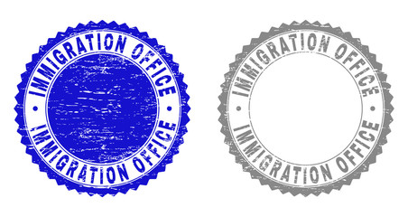 Grunge IMMIGRATION OFFICE stamp seals isolated on a white background. Rosette seals with distress texture in blue and gray colors.