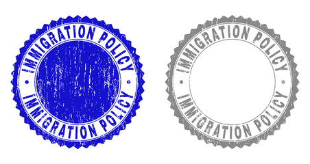 Grunge IMMIGRATION POLICY stamp seals isolated on a white background. Rosette seals with grunge texture in blue and gray colors.