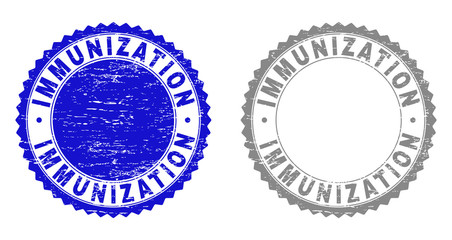 Grunge IMMUNIZATION stamp seals isolated on a white background. Rosette seals with grunge texture in blue and gray colors. Vector rubber stamp imprint of IMMUNIZATION title inside round rosette.