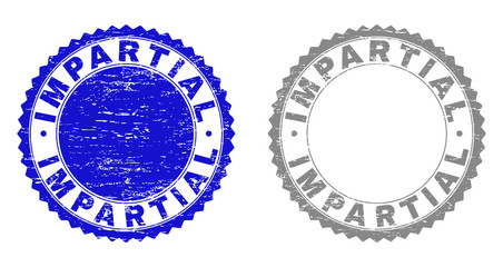 Grunge IMPARTIAL stamp seals isolated on a white background. Rosette seals with grunge texture in blue and grey colors. Vector rubber stamp imprint of IMPARTIAL text inside round rosette.