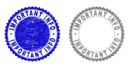 Grunge IMPORTANT INFO stamp seals isolated on a white background. Rosette seals with distress texture in blue and gray colors. Vector rubber watermark of IMPORTANT INFO label inside round rosette.