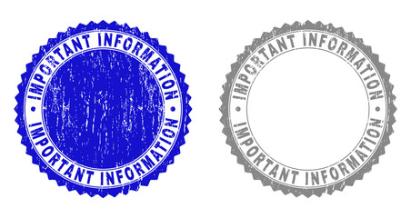 Grunge IMPORTANT INFORMATION stamp seals isolated on a white background. Rosette seals with distress texture in blue and gray colors.