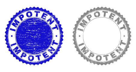 Grunge IMPOTENT stamp seals isolated on a white background. Rosette seals with grunge texture in blue and grey colors. Vector rubber watermark of IMPOTENT caption inside round rosette.