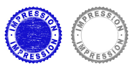 Grunge IMPRESSION stamp seals isolated on a white background. Rosette seals with grunge texture in blue and gray colors. Vector rubber stamp imitation of IMPRESSION text inside round rosette.