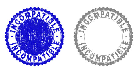 Grunge INCOMPATIBLE stamp seals isolated on a white background. Rosette seals with grunge texture in blue and gray colors. Vector rubber stamp imprint of INCOMPATIBLE text inside round rosette.