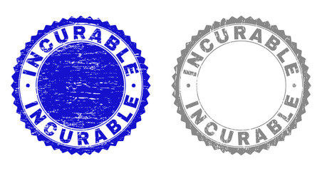Grunge INCURABLE stamp seals isolated on a white background. Rosette seals with grunge texture in blue and gray colors. Vector rubber stamp imprint of INCURABLE text inside round rosette.