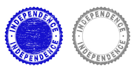 Grunge INDEPENDENCE stamp seals isolated on a white background. Rosette seals with grunge texture in blue and gray colors. Vector rubber stamp imprint of INDEPENDENCE tag inside round rosette.