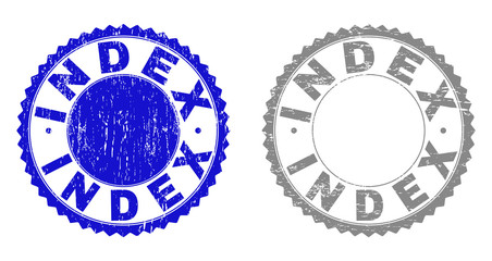 Grunge INDEX watermarks isolated on a white background. Rosette seals with grunge texture in blue and grey colors. Vector rubber stamp imprint of INDEX title inside round rosette.