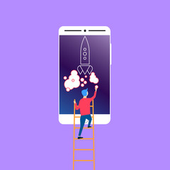 Man putting a smoke circle to the rocket launch on the smartphone screen