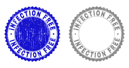 Grunge INFECTION FREE stamp seals isolated on a white background. Rosette seals with grunge texture in blue and grey colors. Vector rubber stamp imitation of INFECTION FREE title inside round rosette.