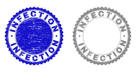 Grunge INFECTION stamp seals isolated on a white background. Rosette seals with grunge texture in blue and gray colors. Vector rubber stamp imitation of INFECTION label inside round rosette.