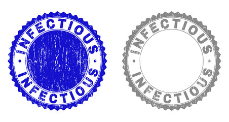 Grunge INFECTIOUS stamp seals isolated on a white background. Rosette seals with grunge texture in blue and gray colors. Vector rubber overlay of INFECTIOUS caption inside round rosette.