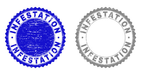 Grunge INFESTATION stamp seals isolated on a white background. Rosette seals with grunge texture in blue and grey colors. Vector rubber watermark of INFESTATION text inside round rosette.