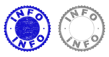 Grunge INFO stamp seals isolated on a white background. Rosette seals with grunge texture in blue and gray colors. Vector rubber stamp imitation of INFO caption inside round rosette.
