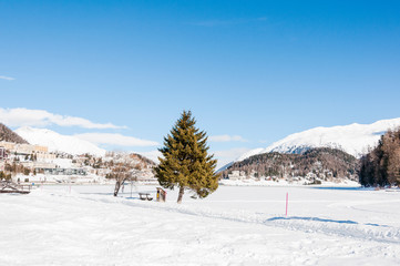 St. Moritz, St. Moritzersee, Oberengadin, Muottas Muragl, Winter, Wintersport, Winterwanderweg, Alpen, Graubünden, Schweiz