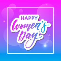 Woman s Day text design with flowers and hearts on square background. Vector illustration. Woman s Day greeting calligraphy design in pink colors. Template for a poster, cards, banner.