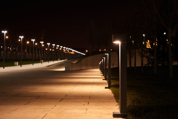 Gorgeous night cityscape. The footpath in the park near the new stadium in Krasnodar, illuminated...
