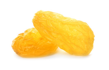 Tasty raisins on white background. Healthy dried fruit