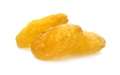 Tasty raisins on white background. Healthy dried fruit