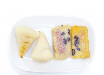 Types of Thai desserts. Glutinous rice toast. Banana boiled rice.