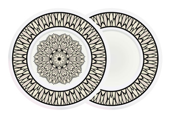 Matching decorative plates for interior designwith floral art deco pattern. Empty dish, porcelain plate mock up design. Vector illustration. White, grey color