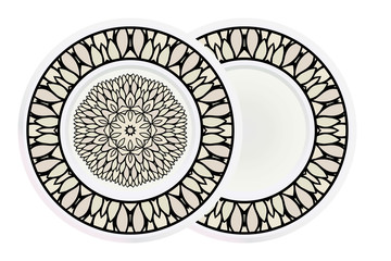 Matching decorative plates for interior designwith floral art deco pattern. Empty dish, porcelain plate mock up design. Vector illustration. White, grey color