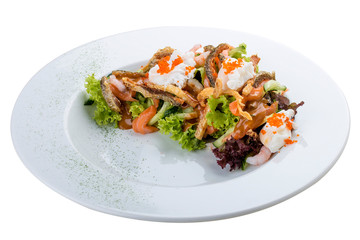 Salad with eel belly and salmon with poached egg