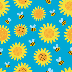 Stoffe zum Nähen Vector pattern with flying cartoon bees isolated on blue background