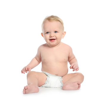Cute little baby on white background. Crawling time