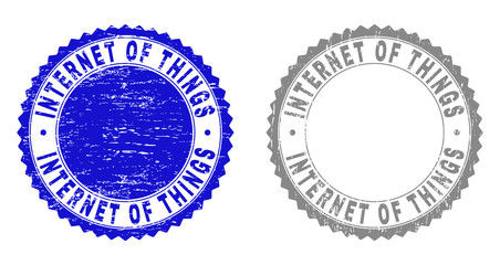 Grunge INTERNET OF THINGS stamp seals isolated on a white background. Rosette seals with grunge texture in blue and gray colors.