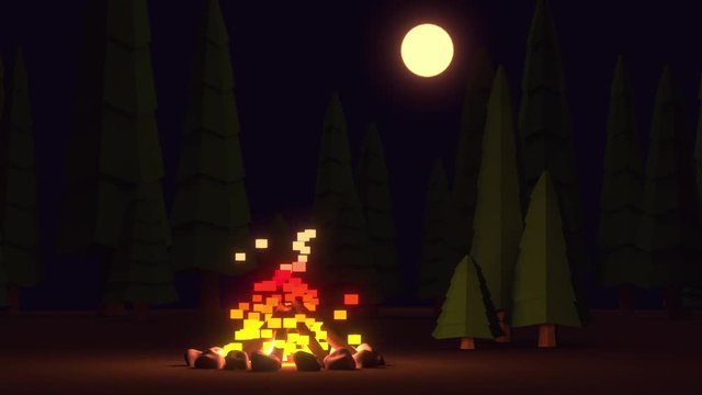 Campfire, low poly fire animation. Video of burning fire and wood with stones around. Cartoon and simple form of campfire.